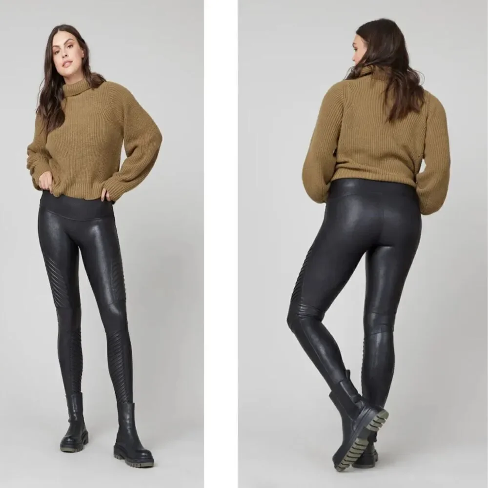 Spanx Women's Size M Black Faux Leather Moto Seamless Leggings Biker Modern